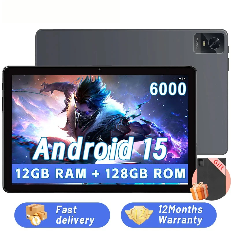 Tablets, 10.1inch Android 15 Tablet with 12GB RAM 128GB ROM 1TB Expand Octa-Core, Widevine L1,1280*800Incell Touchscreen,Wi-Fi 6