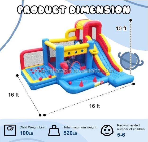 16x16x10ft Commercial Grade Inflatable Bounce House 100% PVC Bouncy Castle for Kids with Slide/Golf Area/Ball Pit/Climbing Wall