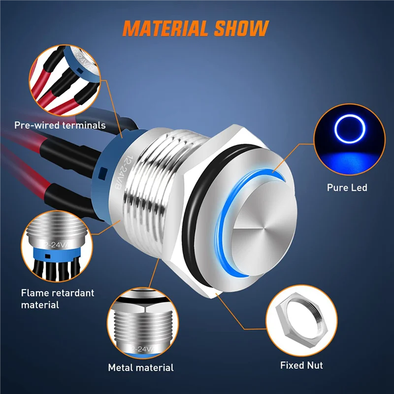 Interruttore a pulsante TKOH-12Mm 25 pezzi con cablaggio precablato 12V 24V Interruttore in metallo impermeabile rotondo a LED autobloccante autobloccante