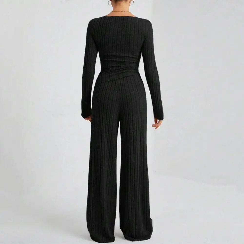 Women Wide-leg Trousers Suit Elegant Boat Neck Knitwear Set with Wide Leg Trousers Thread Knit Top for Fall