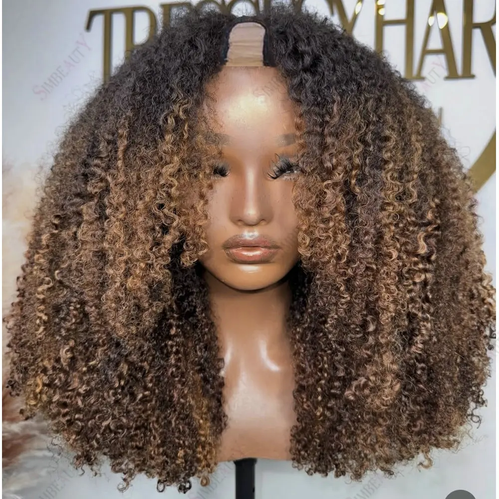 Kinky Curly U-Part Echthaarperücken ohne Klebstoff, Highlight-Farbe, Größe 1x4, 250 Dichte, voll maschinell gefertigte V-Part Perücken für schwarze Frauen – Detail 1