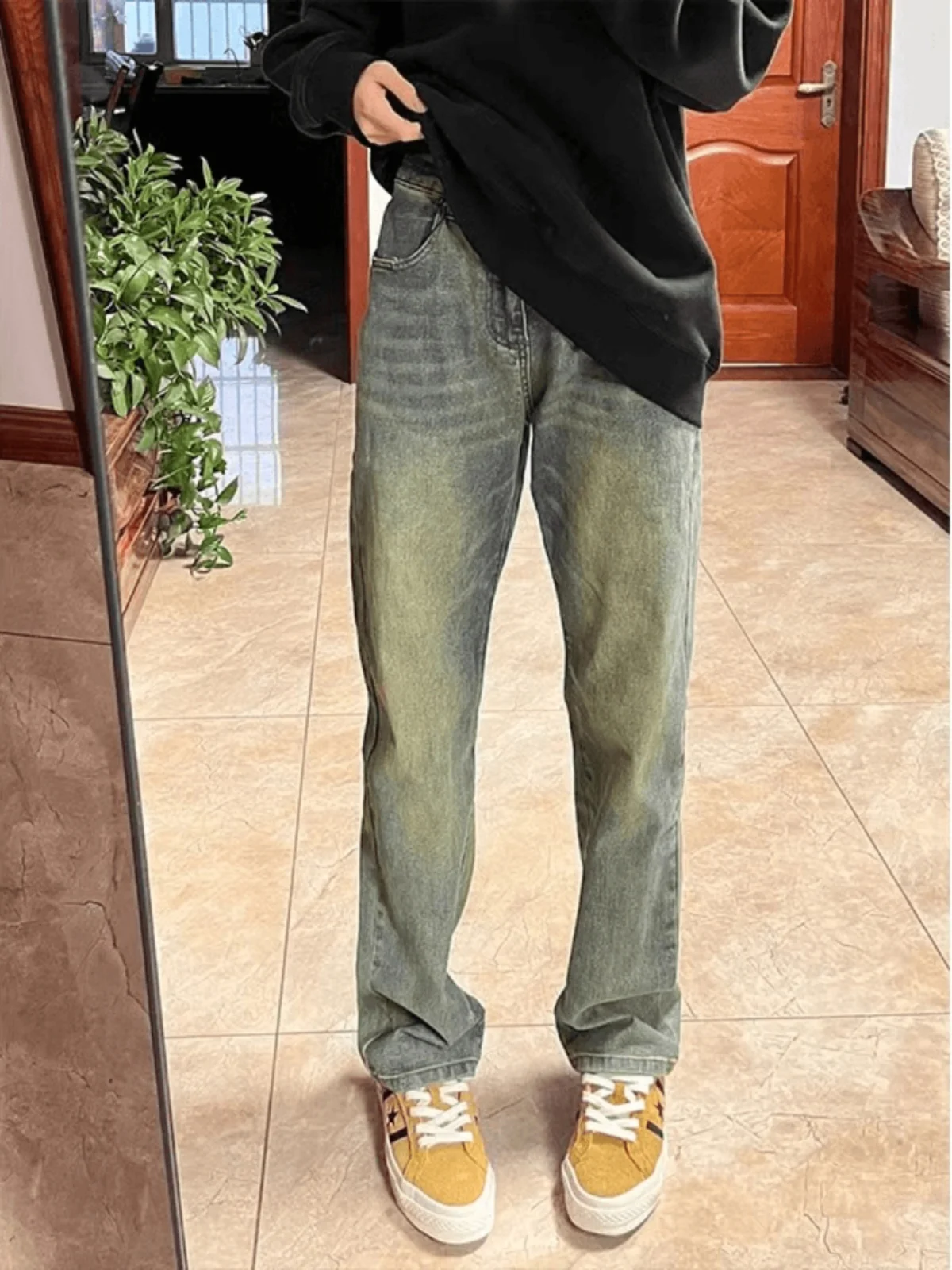 

Retro American Blue Jeans Men's Thin Waed Straight Leg Long Trousers High Waist Stretch Micro Flared Jeans Youth Trend