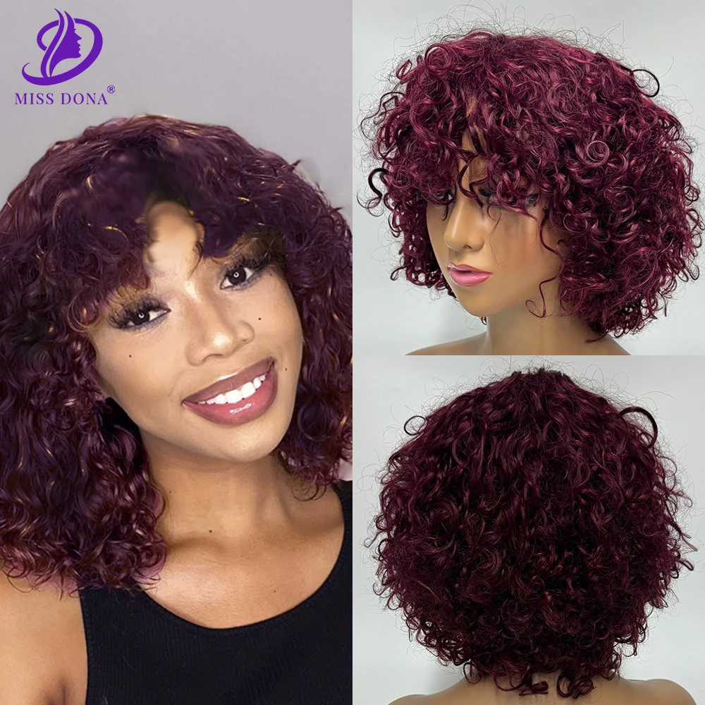 

MissDona Water Wave Human Hair Wig with Bang Burgundy Curly Bob Hair Wig Curly Wigs Brazilian Remy Hair Short Wig