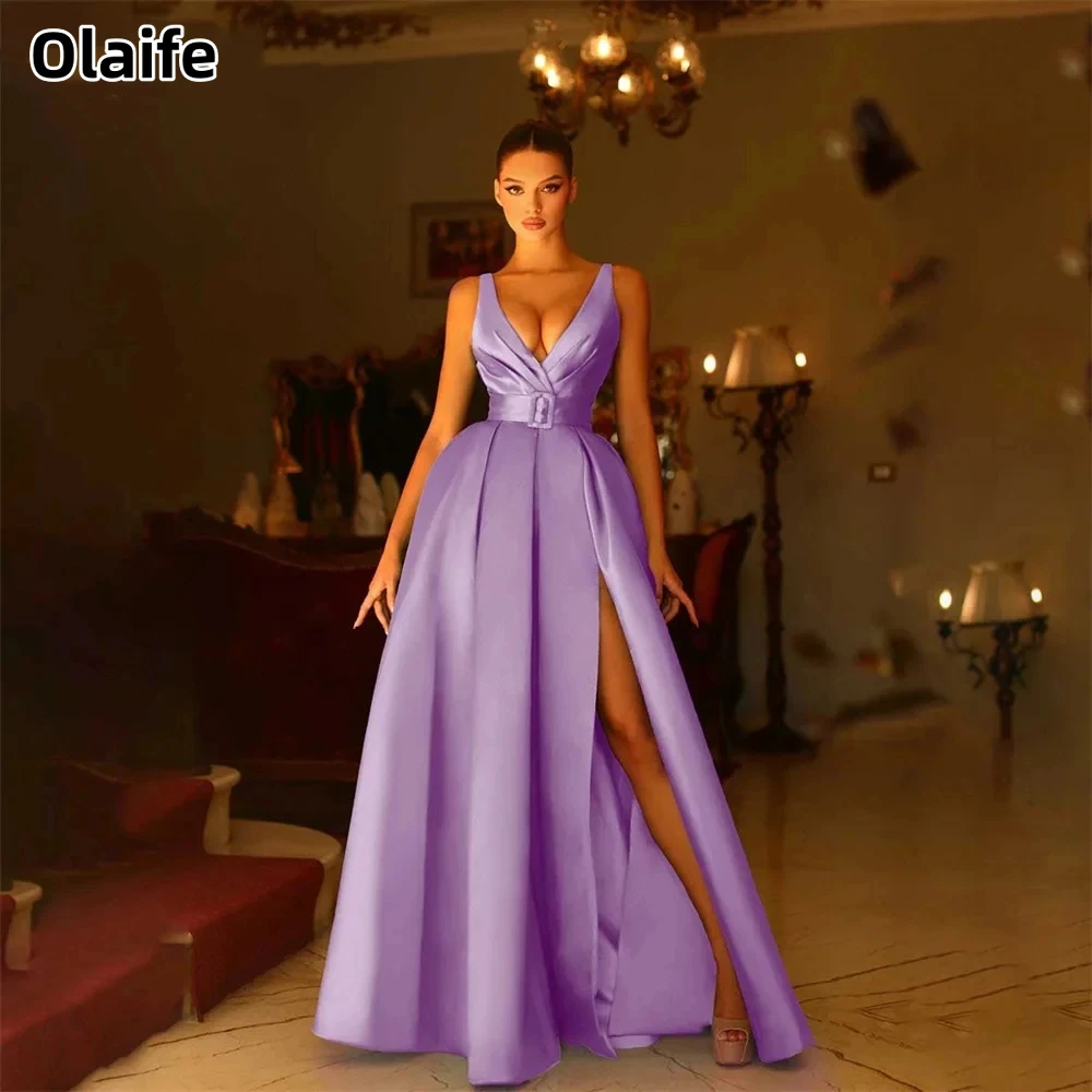 

Olaife Stain V Neck Pocket Sash Prom Dresses A-line Split Women's Backless Evening Dresses Sleeveless Formal Gowns 프롬 드레스