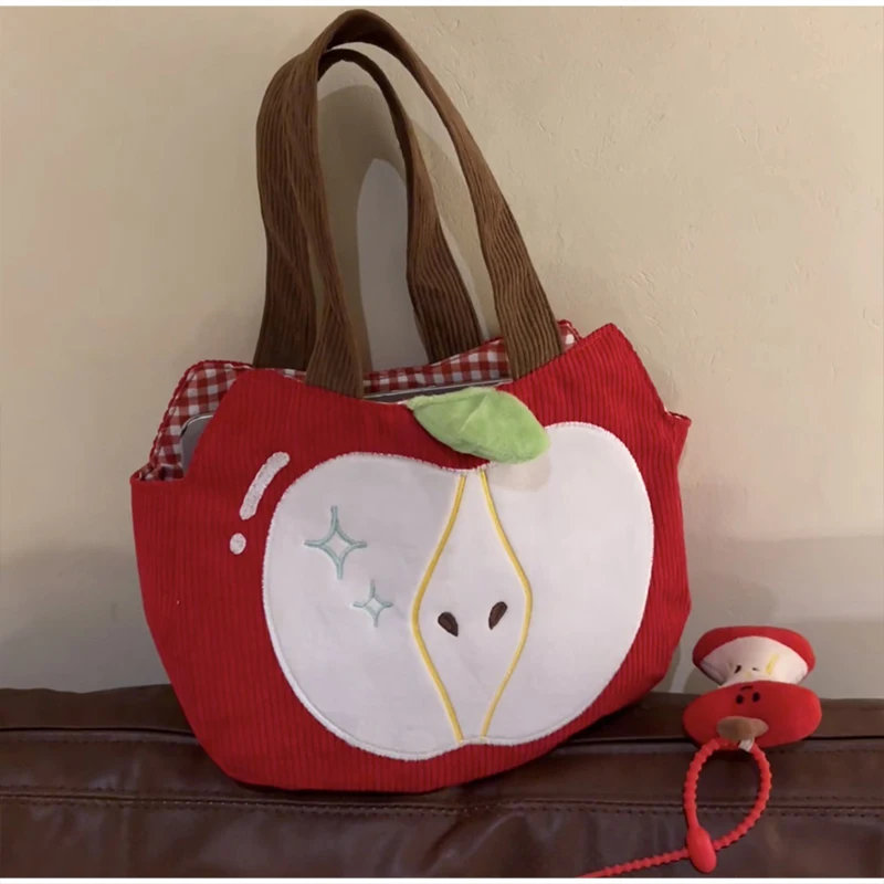 Cute Apple Shape Corduroy Coin Purse Women Embroidery Star Shoulder Bag Lightweight Mesh Travel Toiletry Storage Bag