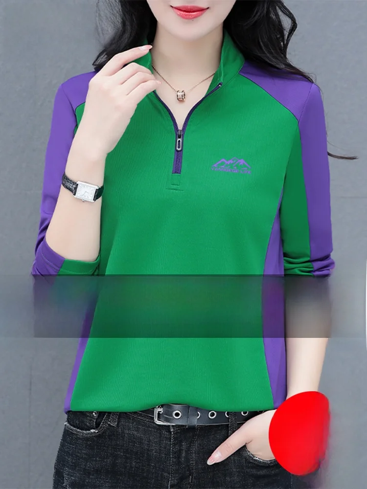 

Ice Silk Long Sve T-irt Women's Spring Autumn 2025 New Loose Stand Collar Qui Dry Sports Top Mid-aged Mom Casual Wear