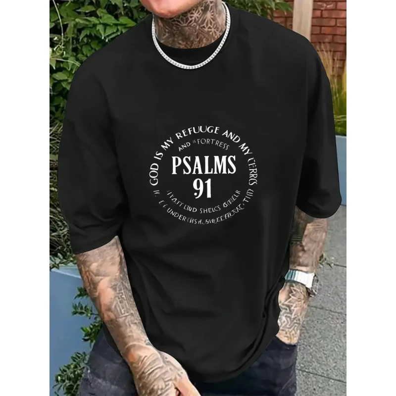 

Men's T-Shirt Black Psalms 91 Bible Verse Printed Pattern & Text High Quality Cotton 180g