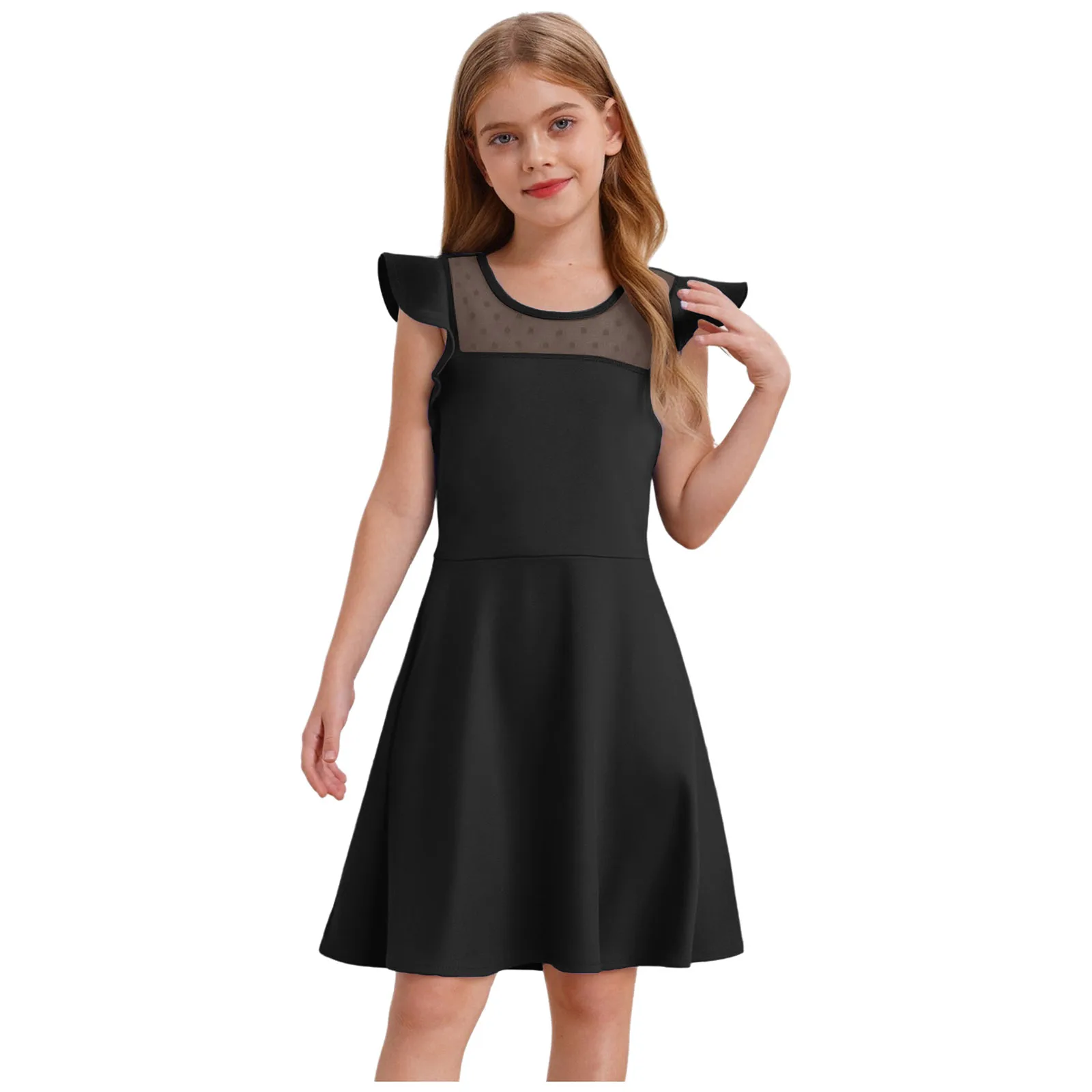 

Kids Girls Dress Summer Round Neck Ruffle Sleeves Dots Sheer Mesh Patchwork Dress for Wedding Birthday Party Vacation Beachwear
