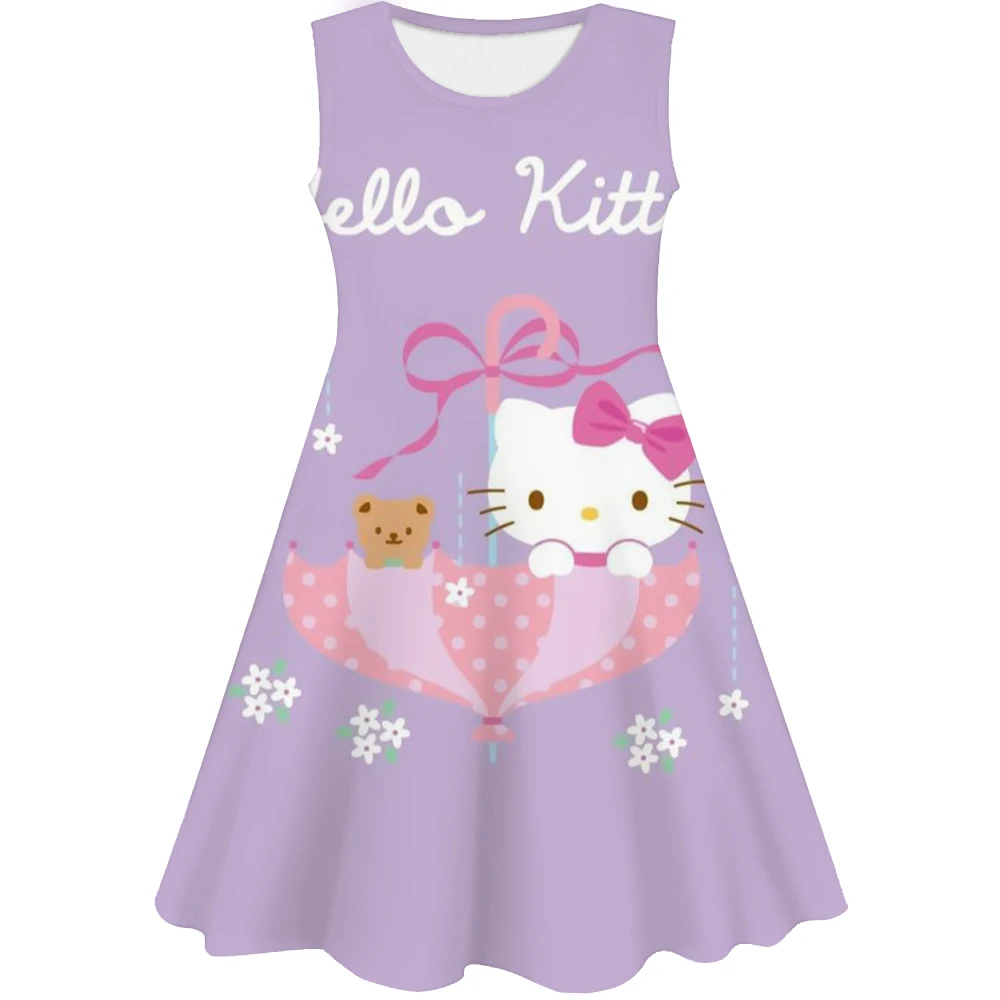 anime HelloKitty Dress Cute Girl Dress 2024 Summer Casual Fashion Children Clothes Girls 3D Print Girl sleeveless Dress Clothing