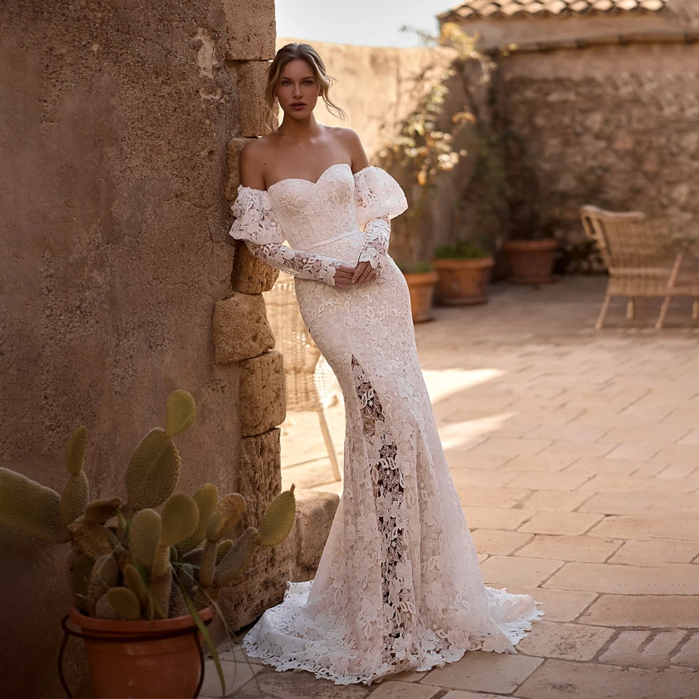 

Classic Sweetheart Wedding Dresses for Women Bride Lace Mermaid Court Train 3/4 Puff Sleeves Bridal Gown Vestido De Casamento