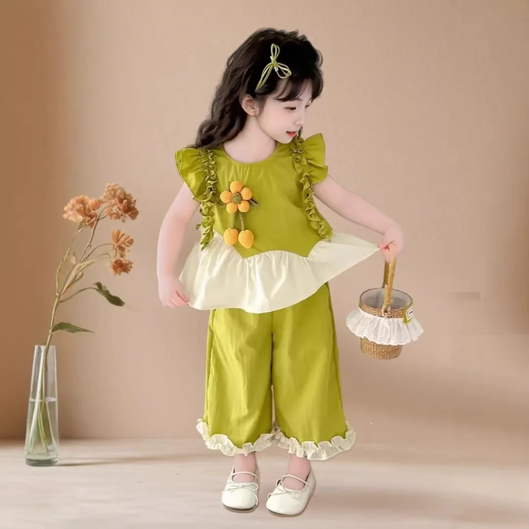 Girls' summer dress flying sleeve set 2026 new sweet doll shirt clothes girls foreign style children's fashion two-piece set