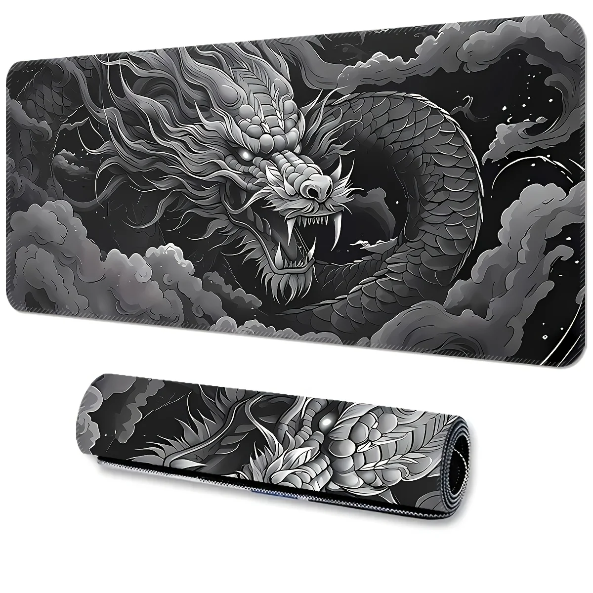 Mouse Pad Large Dragon Gaming Desk Mat Monochrome Design with White Black playmat Washable Office Non-Slip Keyboard Computer pad
