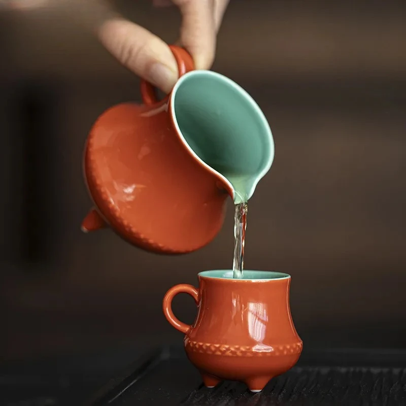 155ML Chinese Palace Museum Red Tea Pitcher Handmade Tripod Handheld Cha Hai Divide Tea Justice Cup Teaset Drinkware Accessories