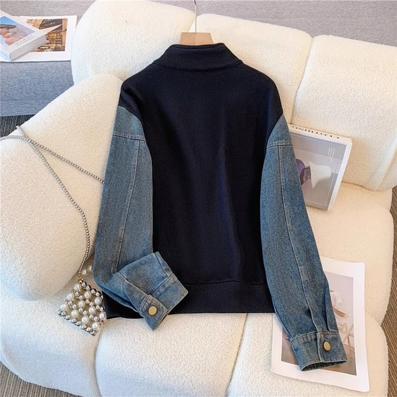 Ensemble pantalon en Denim, col montant, Patchwork, manteaux de rue, hauts, jambes larges, jean droit, Vintage, Simple, ensemble deux pièces, automne 2025