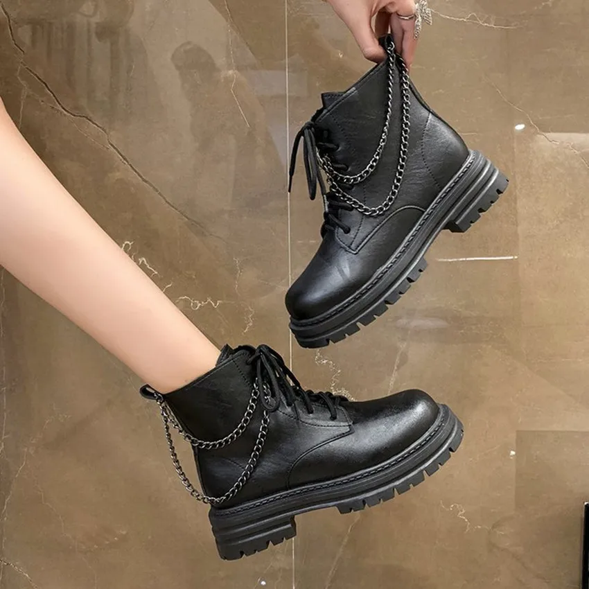 Women Spring Ankle Boots Female Increased Platform Short Boots Zip High Heel Boots Casual Shoes Woman Chain Fashion Plus Size 43