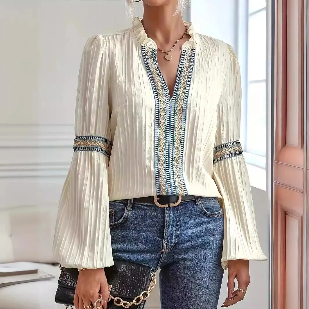

Spring Women's Clothing Lantern Sleeve Blouse With Lace Trim Stand Collar Long Sleeve Polyester Chiffon Casual Top For Woman