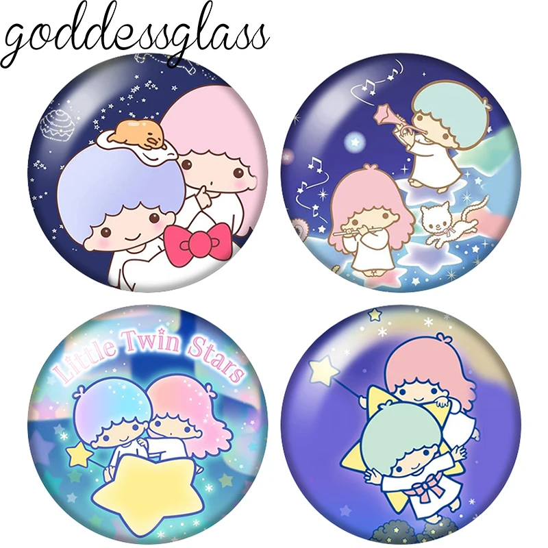 Twin Stars Night Moon Cartoon 10pcs Round 12mm/18mm/20mm Photo Glass Cabochon Flat Back Making Findings for Keychain Jewelry