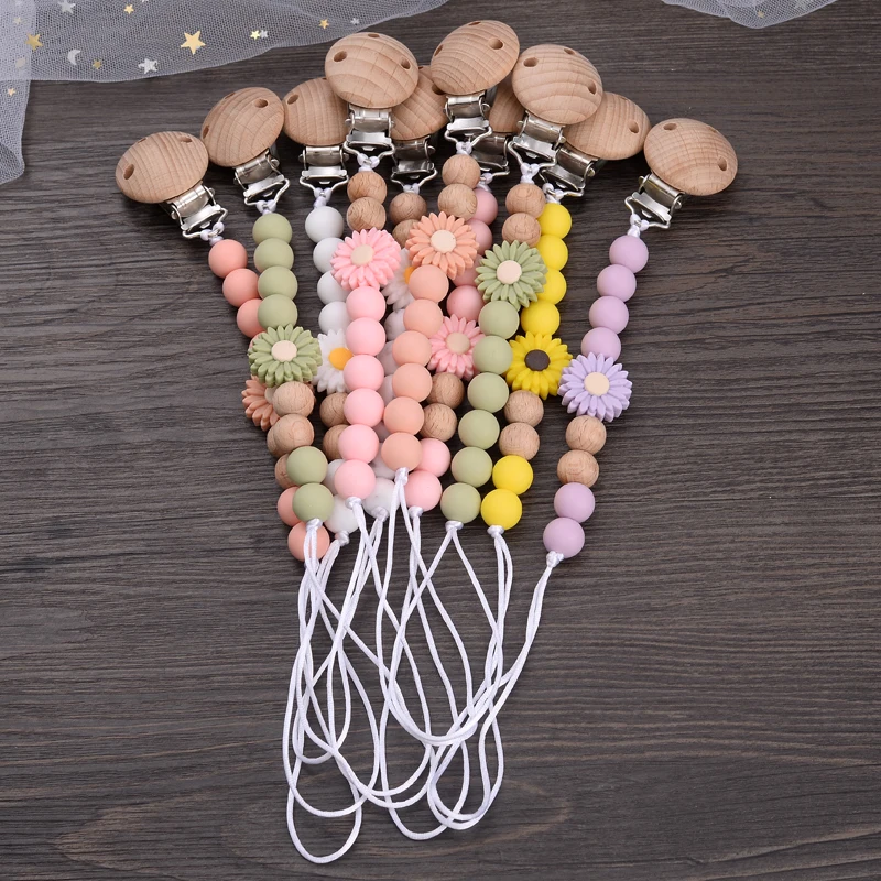 Baby Beech Round Wooden Clips Flowers Silicone Beads Pacifier Chain For Teether Nursing Toys Handmade Dummy Holder BPA Free