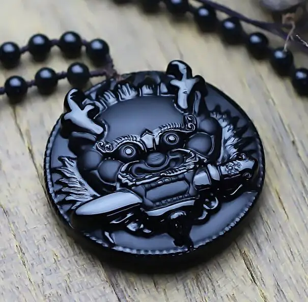 100% Natural Black Obsidian Carved Chinese Dragon Head Round Lucky Amulet Pendant + Beads Charm Necklace Fashion Jewelry