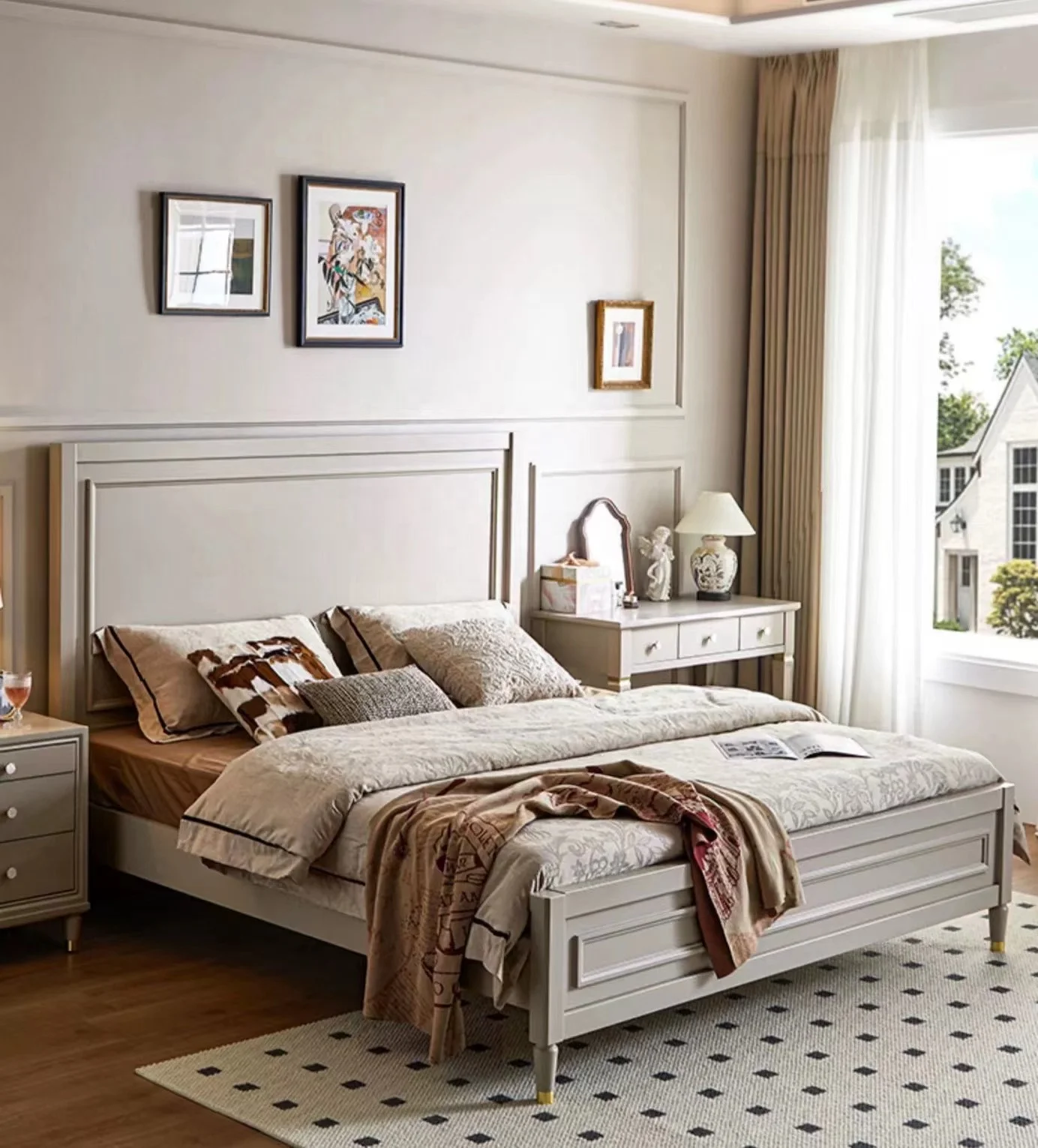 

fdComfort-Focused Modern Panel American Light Luxury Solid Wood Double Bed 1.8M for Bedroom Home Cozy Sleeping Space Use&