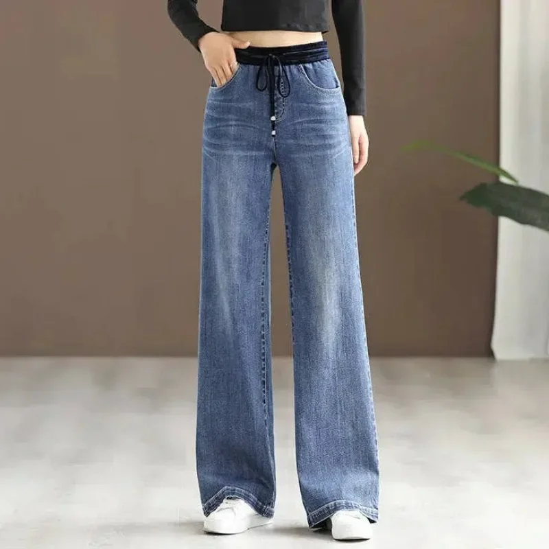 Calça Jeans larga vintage de cintura alta feminina, branqueada, com renda acima, estiramento, largo, grande, mãe, calças jeans, moda, 34