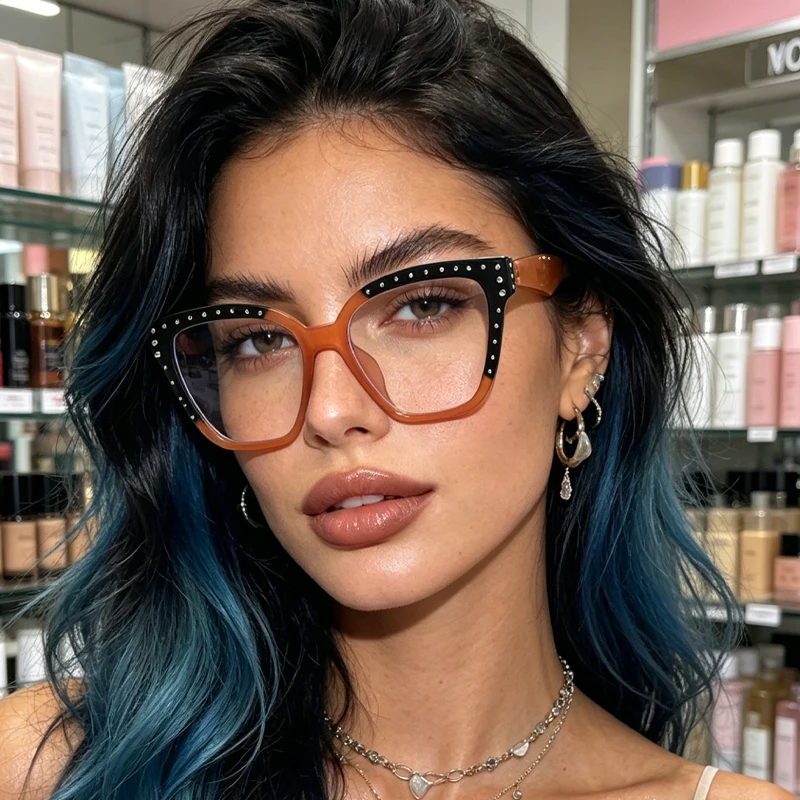 1pc ladies trendy cat glasses frame stitching rivet design fashion glasses daily commute thin glasses