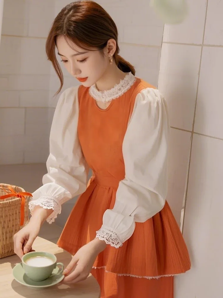 

Оранжевая блузка с кружевной отделкой, уникальная, красивая, скрывающая живот, повседневная, весна 2026, новинка, бренд Sakura Lemon, свободный крой, длинный рукав