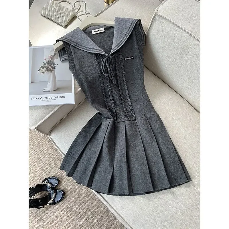 

Femme Preppy Style Dresses Summer New Corset Sleeveless Lacing Pleated Skirt Women Clothes Korean Solid Color Letter Midi Dress