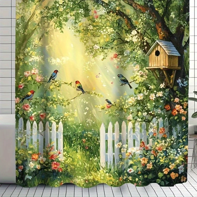 Enchanting Garden Floral Shower Curtain Picket Fence Bathroom Decor Waterproof Nature Woodland Spring Sun Shower Liner