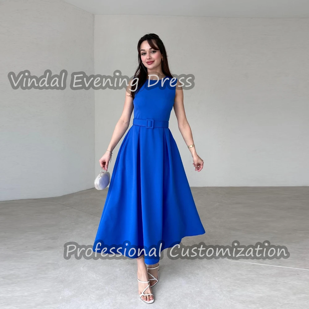 

Vindal Prom Dress O-Neck Tea Length Sashes luxurious Sexy Satin Ruffle A-Line Elegant Sleevesless Saudi Arabia For Woman 2024