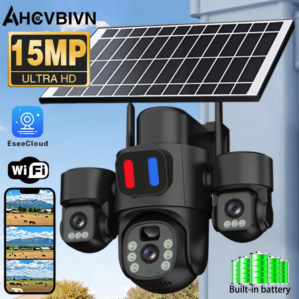 

15MP WiFi Solar PTZ Camera Outdoor Three Lens Three Screen PIR Detection Alert Alarm Wireless Home Security Surveillance Camera