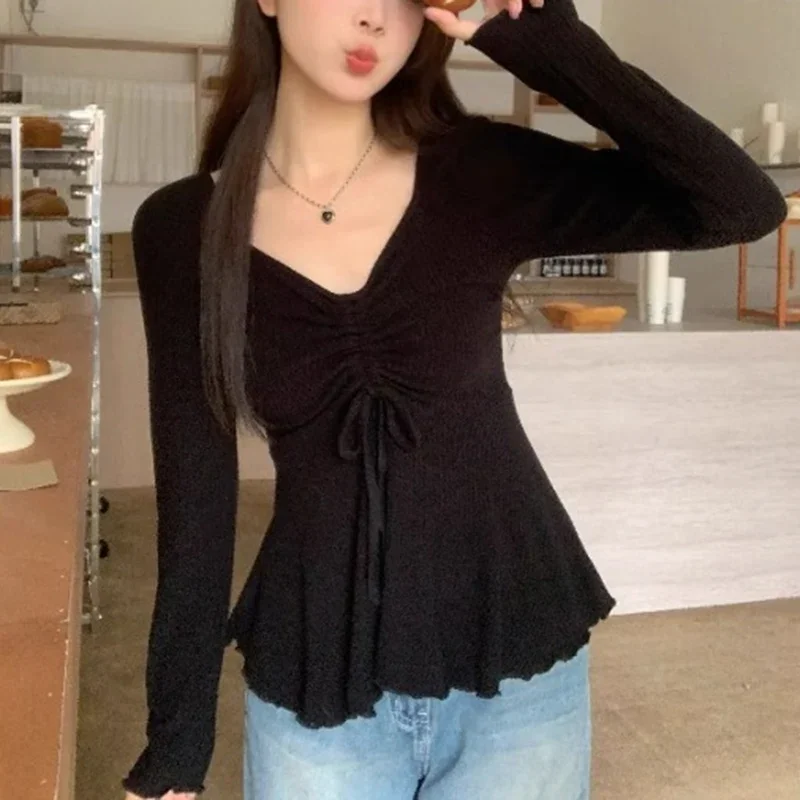 New Women Cutecore Tie Up V-neck Clothes Lady Sweet Comfortable Slim Fit Ballets Tops Female Soft Ruched Long Sleeved T-shirts