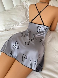 Coração carta impressão camisola casual em torno do pescoço cinta de espaguete vestido de dormir feminino vestidos de dormir