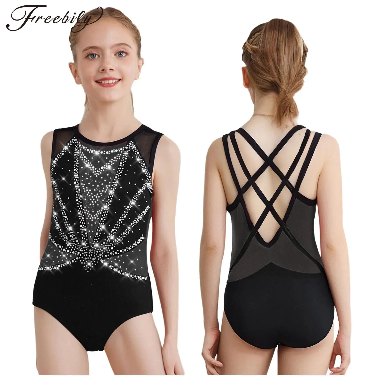 

Детский купальник для фигурного катания для девочек, балетный танцевальный гимнастический костюм для акробатики, костюм без рукавов с блестящими стразами, боди