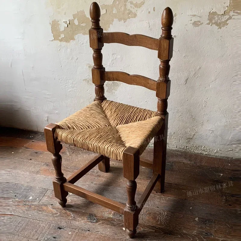 Woven rattan chair solid wood medieval wooden dining chair log art surprise quiet wind back chair retro French