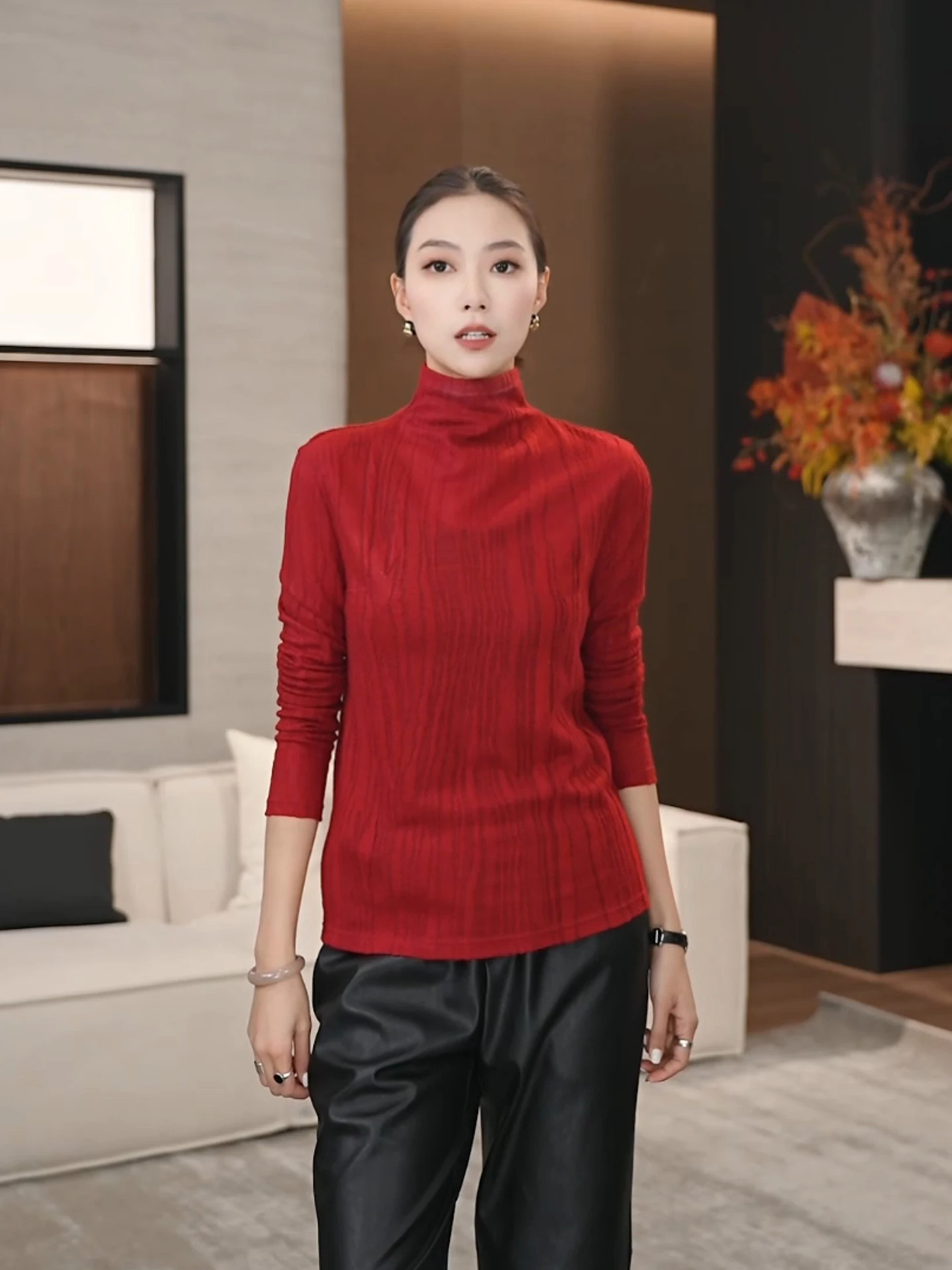 

Slim Fit Long Sve Knitted Top f High Collar Textured Women's Casual Sle Comfortable Breathable Spring New Arrival