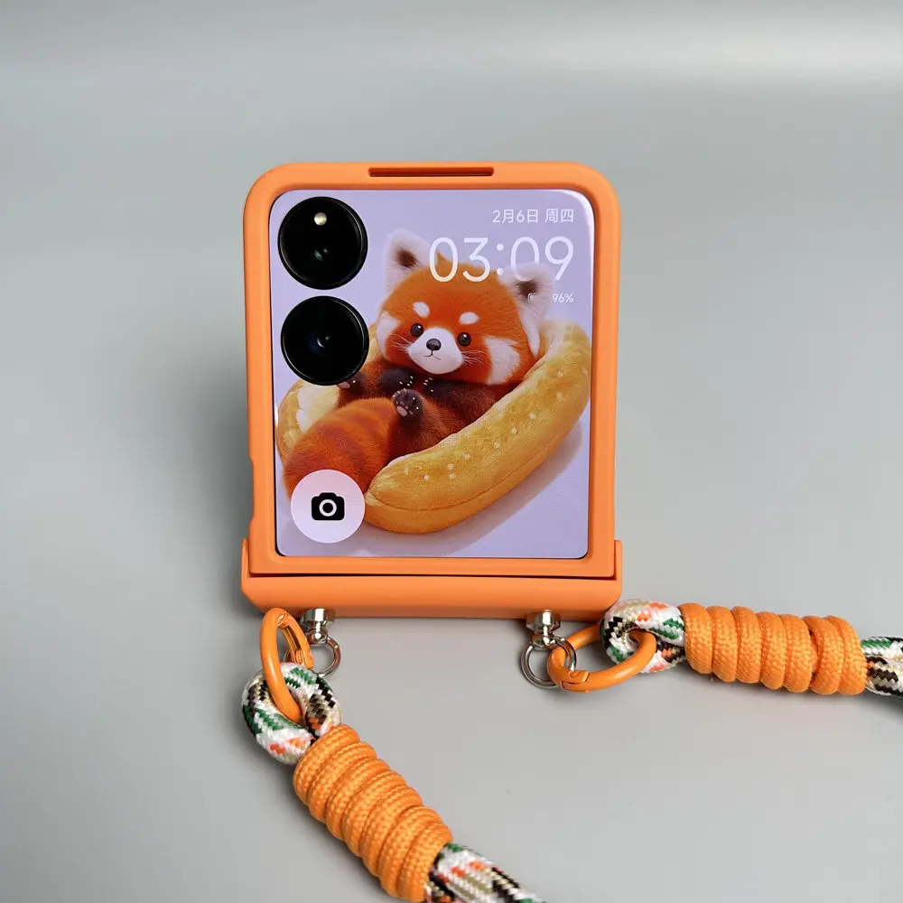 Cute Bear Strap Orange Hinge Case For Samsung Galaxy Z Flip 3 4 5 6 7 For Motorola Razr 70 40 50 60 Ultra Xiaomi Mix Flip 2