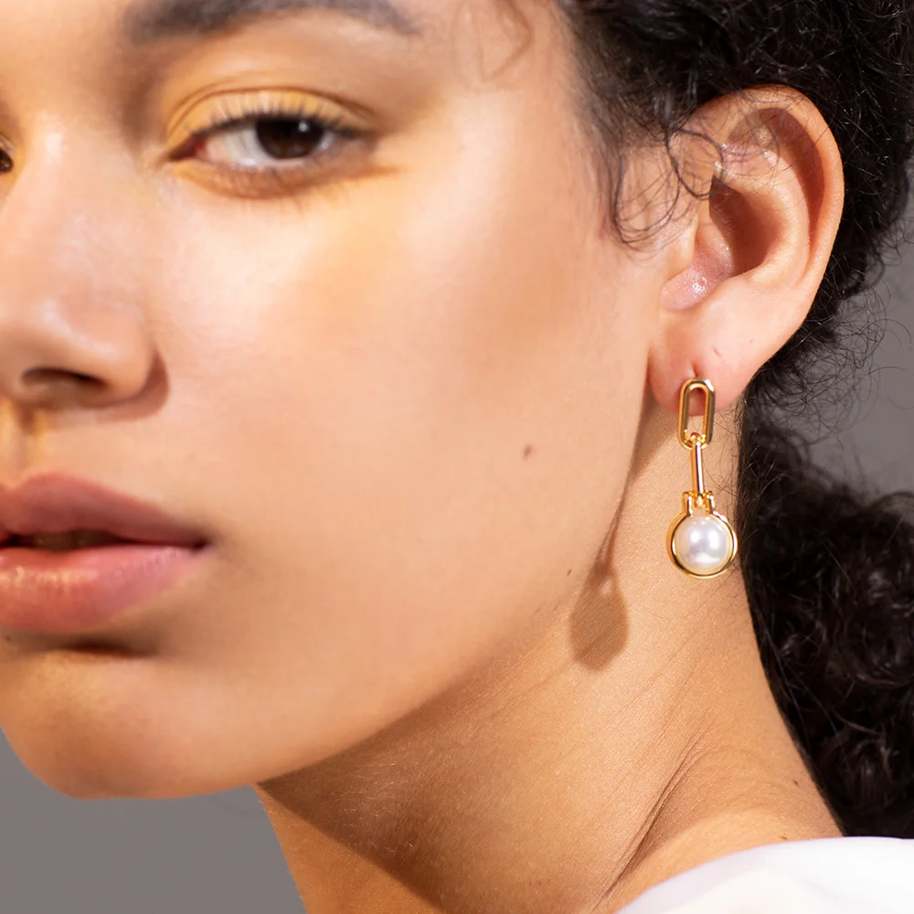 

ENFASHION Link Chain Pearl Drop Earrings For Women Gold Color Geometric Dangle Earings Fashion Jewelry Dropshippping E191142