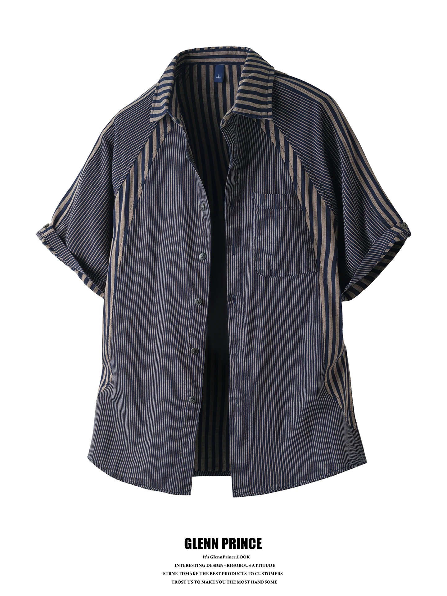 

GPstudio Japanese Vintage Patchwork Stripe Short Sleeve Men's Shirt Summer New Design Large Size Casual Cotton Breathable