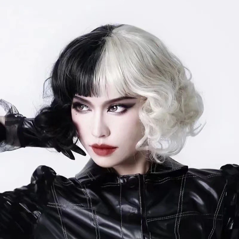 Peluca De modelado De rol De Crudelia, tocado De protagonista De Crudelia De Vil, tocado De mujer para Festival De Música, pelo corto y rizado De dos colores