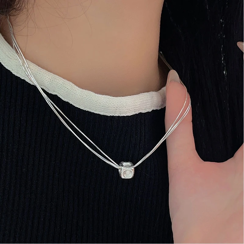 925 Sterling Silver Geometry Necklace for Women Frosting Snake Bone Chain Three Layer Minimalism Jewelry Gift Dropship