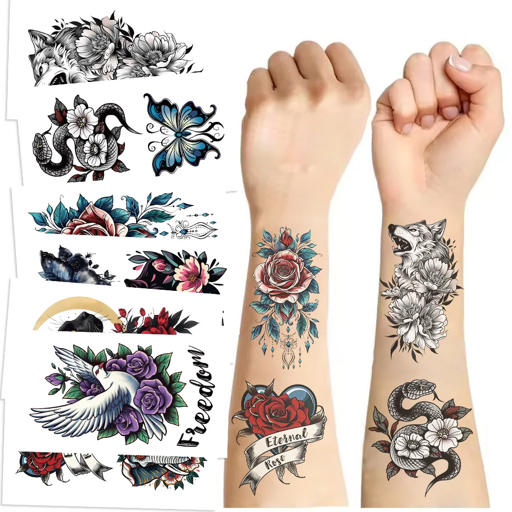 10Pcs Realistic Cool Rose Flower Temporary Tattoos Fake Waterproof Tatoo Body Art Arm Leg  Makeup Animals Tattoo Stickers