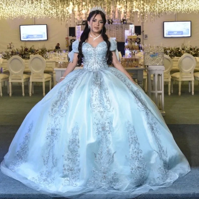 

Sky Blue Princess Sweetheart Quinceanera Dresses Ball Gown Sequin Applique Lace Beaded Tulle Party Birthday Dress Puffy Sweet 16