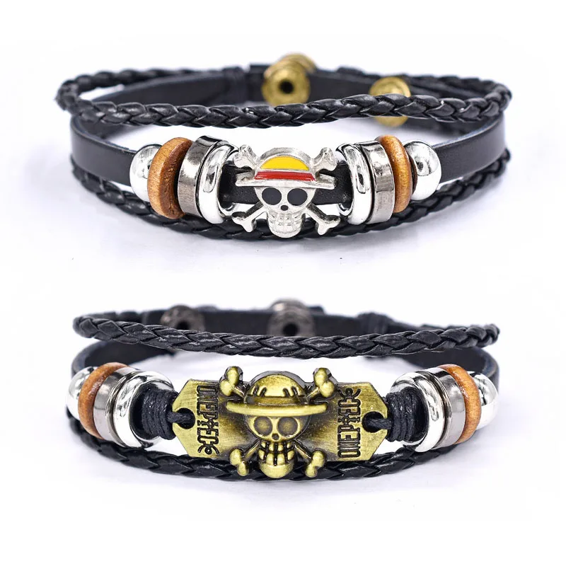 

One Piece Luffy braied Rope Bracelet for Men Anime Figure Skull Straw Hat Modeling PU Leather Bracelet Accessories Party Props