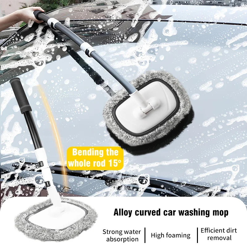 Car Wash Brush Car Cleaning Brush 3-Section Curved Rod Telescoping Long Handle Mop Soft Hair Broom Window Wash Auto Accessories