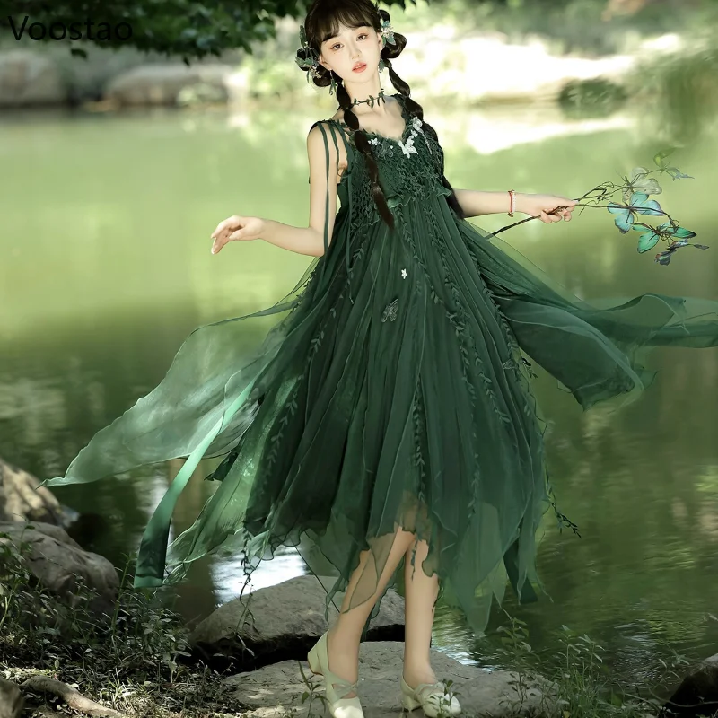 Sweet Lolita Jsk Dress Women Elegant Green Butterfly Embroidery Cane Vine Design Suspender Princess Dresses Cosplay Party Dress