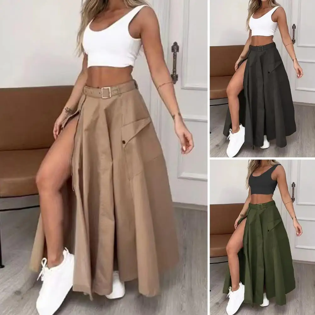 Dames Top Rok Set Vrouwen Maxi Rok Set Stijlvolle Dames Crop Top Maxi Rok Set Met Riem Mouwloze Top Hoge Taille Split Effen