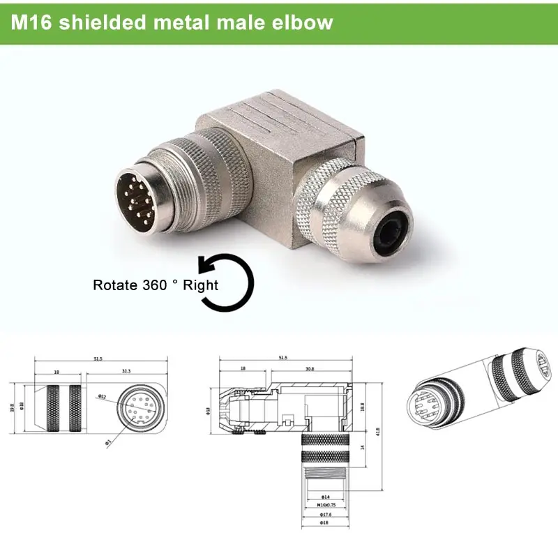 M16 Assembled All Metal Shielded Connector 3/4/5/6/7/8/12 Pin Wire Plugs Male Female Elbow Waterproof Aviation Plug Connectors