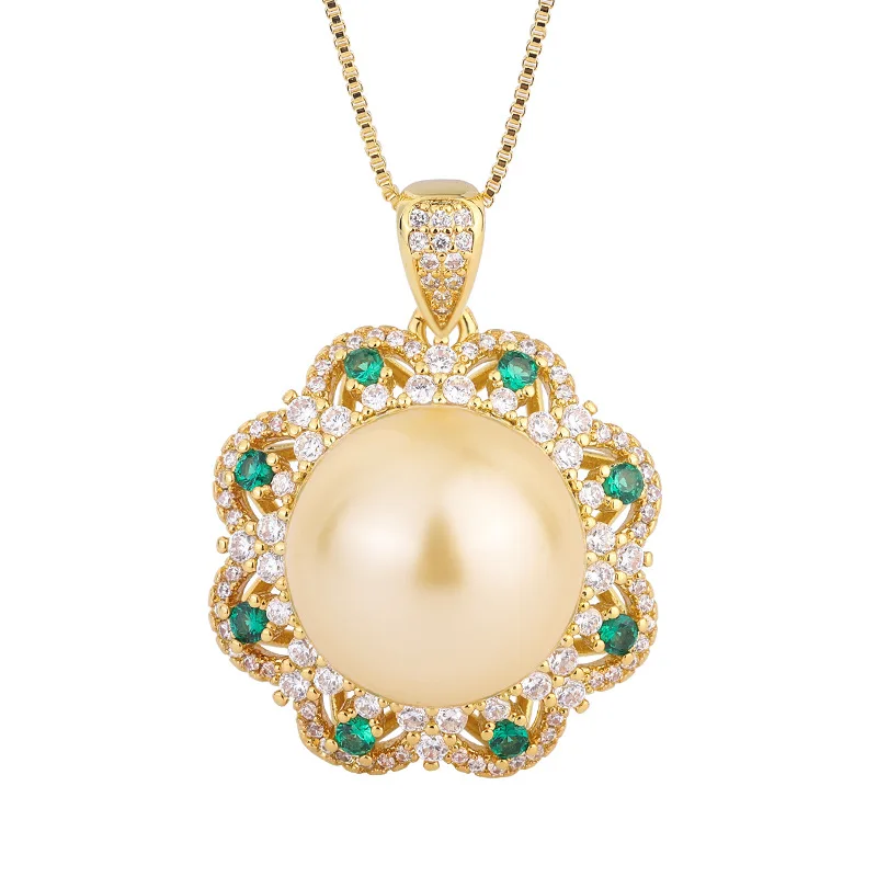 Jewelry Gold Plated Inlaid Mother-of-Pearl Pearl Vintage Fashion Diamond Pendant Necklace 16mm