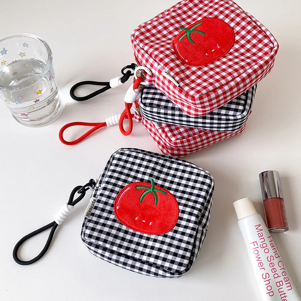 Fashion Cartoon Tomato Square Grid Handheld Makeup Bag Cute Girls Large Capacity Travel Storage Sanitary Cotton Bag Toiletry Bag
